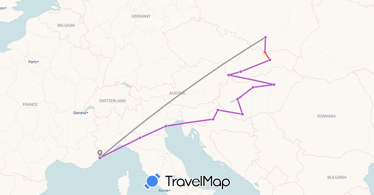 TravelMap itinerary: driving, plane, train, hiking in France, Croatia, Hungary, Italy, Poland, Slovakia (Europe)